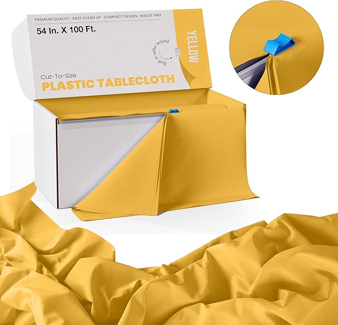 Party Solids 54 Inch X 100 Feet Yellow Plastic Table Cover Roll in A Cut - to - Size Box with Convenient Slide Cutter. Cuts Up to 12 Rectangle 8 Feet Plastic Disposable Tablecloths