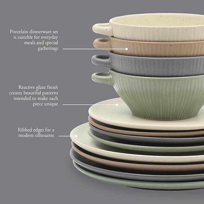 Gibson Elite Clover Hill 12-Piece Stoneware Dinnerware Set ??Assorted Colors in Sage Green, Charcoal, Taupe & Cream ??Embossed Reactive Glaze Plates & Bowls, Microwave & Dishwasher Safe, Service for 4