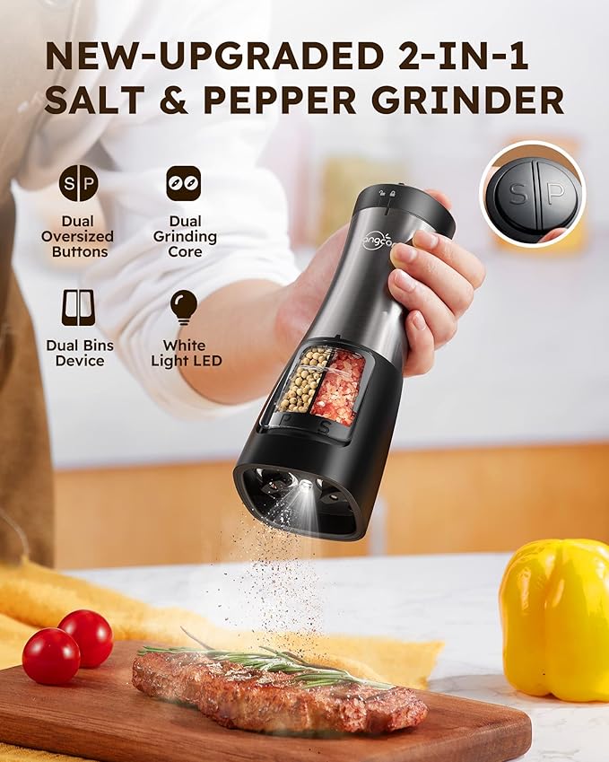 Sangcon Electric Salt and Pepper Grinder Set Shaker 2 IN 1 - Automatic Salt and Pepper Grinder Mill, Battery Powered One-Handed Operation Refillable with Light Dual Ceramic Mill