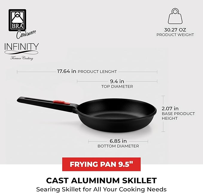 BRA COOKWARE Infinity Nonstick Frying Pan | 9.5-Inch Cast Aluminum Skillet | PFOA/PFAS Free Fry Pan | All Cooktops (incl Induction) Searing Skillet | Oven Safe up to 425째F (w/o Removable Handle)