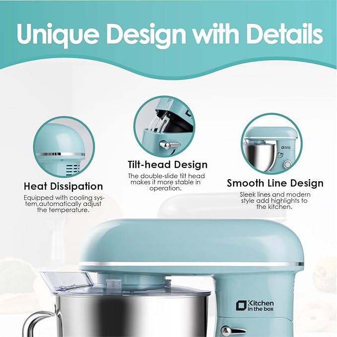 Kitchen in the box Stand Mixer - 8.5 Quart Electric Kitchen Standing Mixer 900 Watt for Heavy Bread Dough,Baking,Cake,Cream & Batters,Tilt Head Design (Blue)