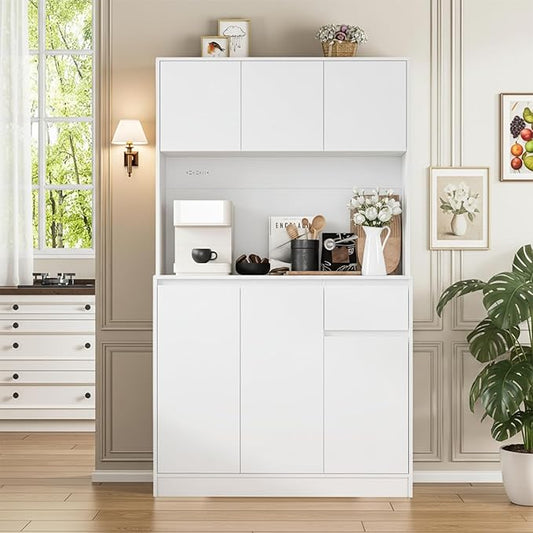 71" Tall White Kitchen Pantry Cabinet with 6 Doors & Power Outlet, Freestanding Storage Hutch with Countertop, Adjustable Shelves for Dining Room, Laundry Room