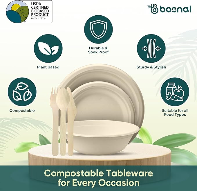BOSNAL 10 inch & 7 inch Round Plates with 32 oz Bowls & Cutlery ??100% Plant-Based Sugarcane Bagasse, Eco-Friendly Disposable Dinnerware for Hot & Cold Meals, Microwave Safe, Durable & Compostable