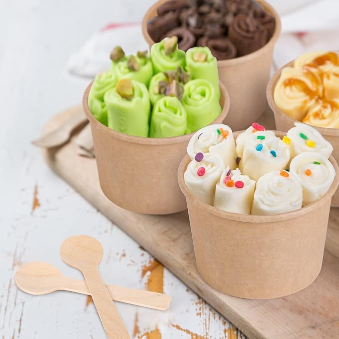 Ruisita 50 Pack Heavy Duty Soup Containers with Lids Ice Cream Bowls with Lids and Spoons 8 Ounces Disposable Bowls Ice Cream Sundae Cups Kraft Paper Cups with Lid Soup Containers To Go, Brown