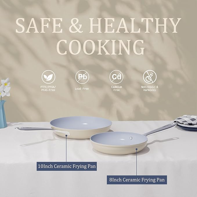 Nonstick Ceramic Frying Pan 8 inch for All Cooktops, Healthy Non Toxic Egg Pan for Easy Flipping, PTFE/PFOA/PFAS Free, Even Heat Distribution Oven Safe up to 500째F, Stay-Cool Handle, Cream