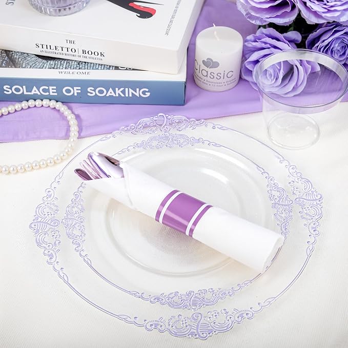 Hioasis 175pcs Clear and Purple Plates - Purple Party Plates for 25 Guest, Include 50 Heavy-duty Plates(20% Thicker Than Standard), 25 Pre Rolled Gold Plastic Silverware Set, 25 Cups