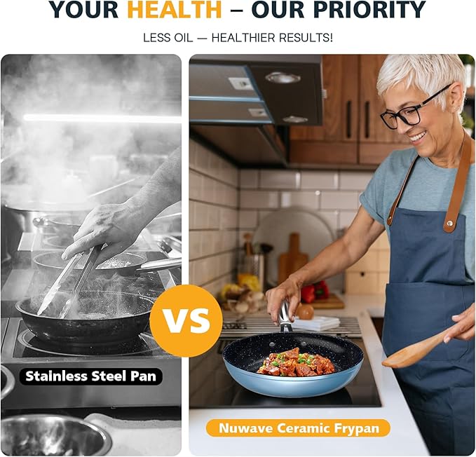 Nuwave 3-Piece 8?? 10?? 12??Forged Lightweight Frying Pan Set, G10 Healthy Duralon Blue Ceramic Ultra Non-Stick, Ergonomic Stay-Cool Handles, Induction-Ready & Works on All Cooktops