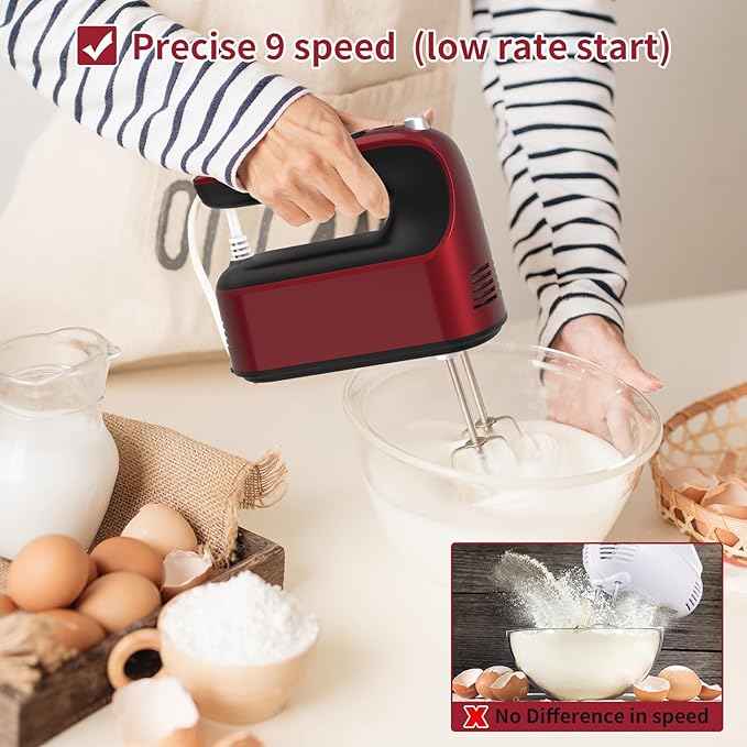 9-Speed Digital Hand Mixer Electric, 400W Powerful DC Motor, Baking Handheld with Snap-On Storage Case, 5 Stainless Steel Accessories, Flat Beaters, Dough Hooks, Whisk(Red)