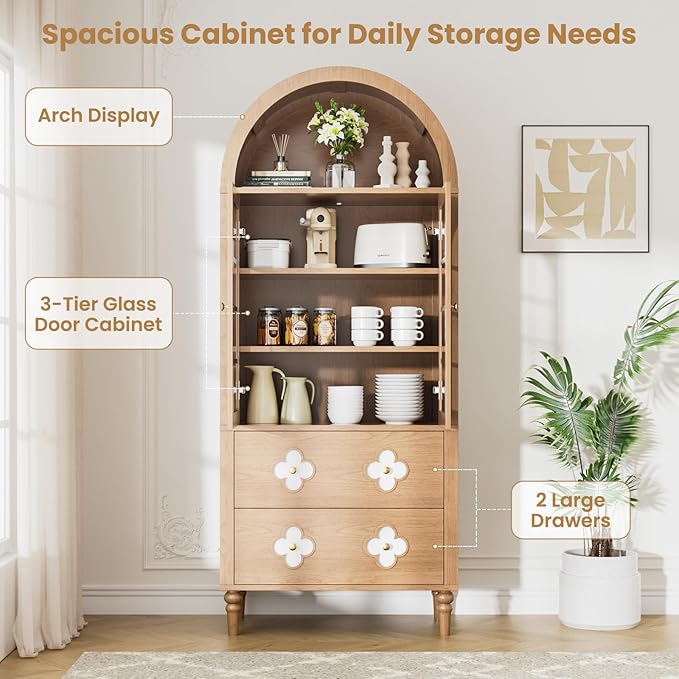 MOPHOTO Arched Cabinet, 71 in Arched Cabinet with Glass Doors, Modern Versatile Pantry Storage Cabinet with 2 Large Drawers for Living Room, Kitchen, Dining Room
