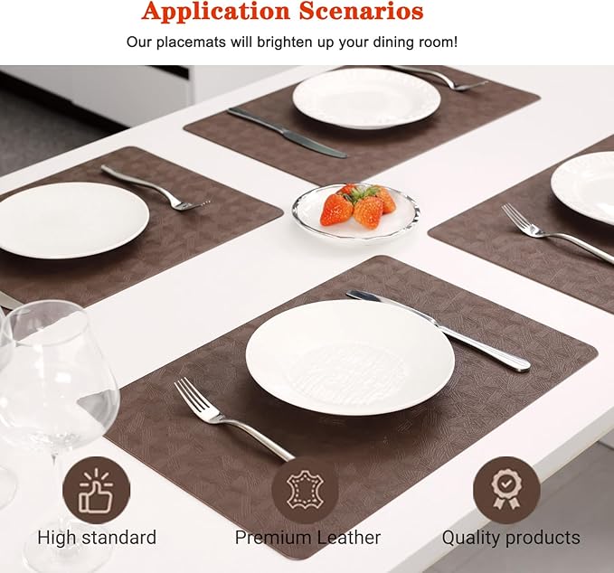 Bxzandya Vinyl Placemats Set of 12 Heat Resistant Easy Clean Non-Slip Place Mats for Dining Table Faux Leather Waterproof Stain Resistant Wipeable Washable PVC Table Mats(12, Brown)