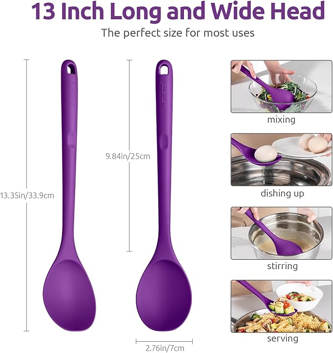 600쨘F Heat Resistant Silicone Spoon: U-Taste 13.3in Solid Kitchen Cooking Spoon, Nonstick Food Grade Large & Long Soup Rubber Utensil for Mixing, Serving, Stirring, Basting, for Pot Cookware (Purple)