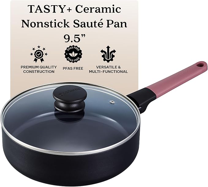 Brabantia Tasty+ 9.5??Nonstick Ceramic Saut챕 Pan with Lid ??PFAS/PFOA/PTFE Free, 2.5 Qt Deep Skillet for Healthy Cooking, Stay-Cool Handle, All Stovetop Safe