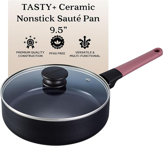 Brabantia Tasty+ 9.5??Nonstick Ceramic Saut챕 Pan with Lid ??PFAS/PFOA/PTFE Free, 2.5 Qt Deep Skillet for Healthy Cooking, Stay-Cool Handle, All Stovetop Safe