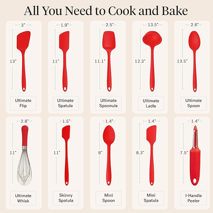 GIR: Get It Right 10-Piece Silicone Ultimate Kitchen Utensil Set ??Spatulas, Ladle, Flip, Spoons, Whisk, Peeler & Spoonula ??Nonstick, Non-Toxic, Heat-Resistant ??Red
