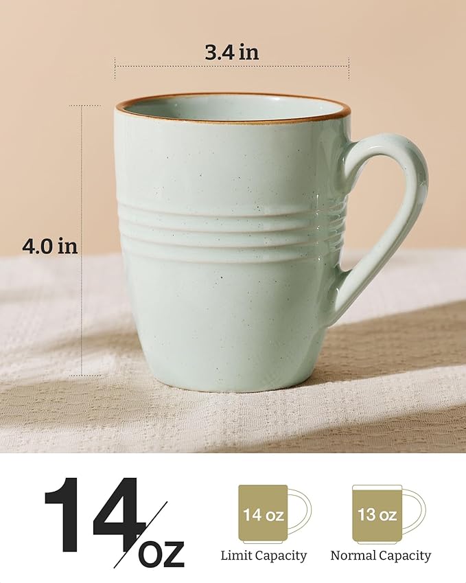 famiware Jupiter Coffee Mugs Set of 4, 14 OZ Coffee Mug, Microwave and Dishwasher Safe, Coffee Cups with Handle for Coffee, Tea, Cocoa, Milk, Light Green