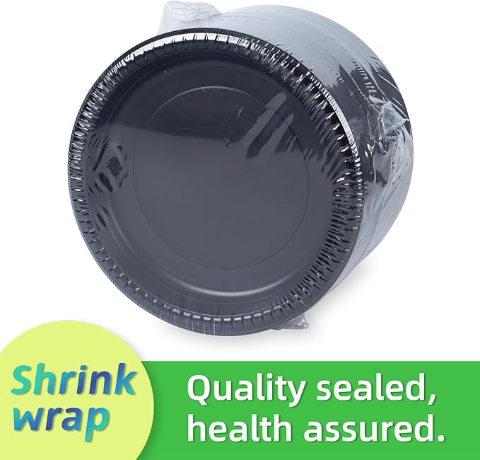Disposable Plates Mineral Filled PP 9 Inch - 150 Pack Shrink Wrap BPA Free Party Trays | Reusable Dishwasher Freezer & Microwave Safe | Heavy Duty Black Plastic Plate for Party Bulk Catering