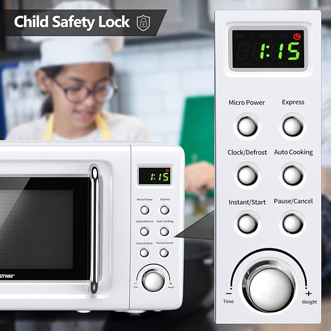 COSTWAY Retro Countertop Microwave Oven, 0.7Cu.ft, 700-Watt, High Energy Efficiency, 5 Micro Power, Delayed Start Function, with Glass Turntable & Viewing Window, LED Display, Child Lock (White)