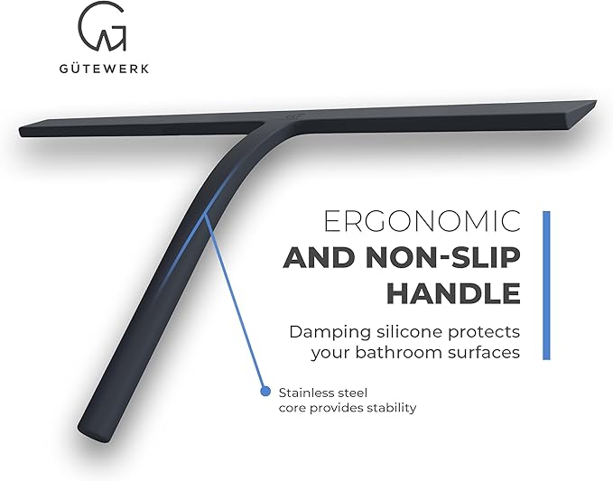 G횥TEWERK Shower Squeegee for Glass Doors, Silicone Window Squeegee, Bathroom and Glass Cleaning - Black - 15 Inch