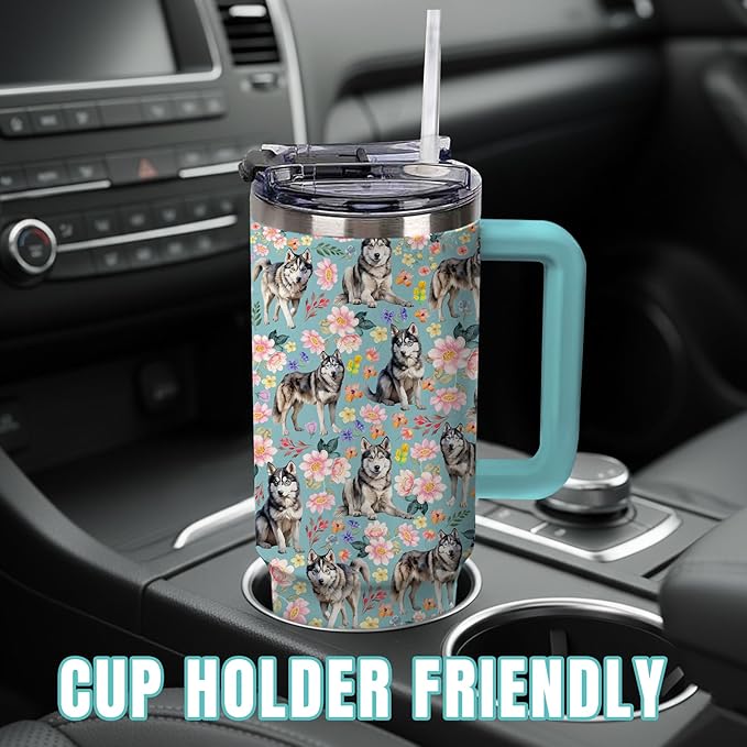 Yogusut Siberian Husky Gifts for Women, 40oz Stainless Steel Insulated Tumbler Travel Mug Cup with Handle Straw, Gifts for Dog Mom Dog Lover