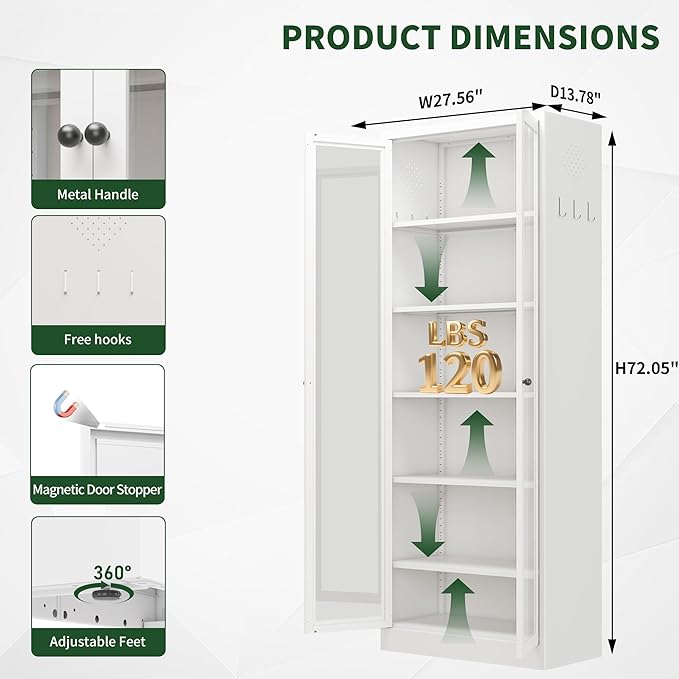 72" Tall Kitchen Pantry Cabinet,White Metal Pantry Cabinet with 2 Doors & 5 Adjustable Shelves,Utility Storage Cabinet Rust-Resistant for Living Room,Dining Room,Bathroom,Garage,Basement