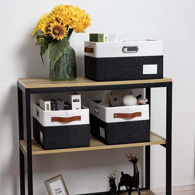 PRANDOM Larger Foldable Storage Bins with Handles [5-Pack] Fabric Collapsible Storage Boxes Baskets Cubes Containers with Handles for Closet Living Room Bedroom (Black & White 17.3x12.2x10.4'')
