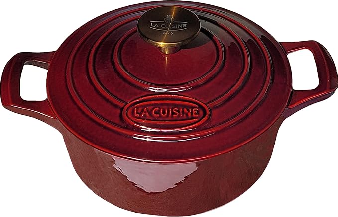 La Cuisine Enameled Cast Iron Dutch Oven Casserole Dish Pot with Lid, 2.1 QT 7.9??/20cm Dia. Internal Matte Black Enamel Coating, Gold-Plated SS Lid Handle Oven Safe up to 500째 F, Cranberry