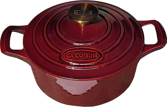 La Cuisine Enameled Cast Iron Dutch Oven Casserole Dish Pot with Lid, 2.1 QT 7.9??/20cm Dia. Internal Matte Black Enamel Coating, Gold-Plated SS Lid Handle Oven Safe up to 500째 F, Cranberry