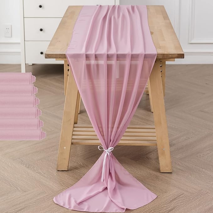 flohar 6Pack 9ft Chiffon Table Runner 14x108 Inch Sheer Romantic Table Runner for Wedding Birthday Party Bridal Shower Outdoor Decoration-Dusty Pink