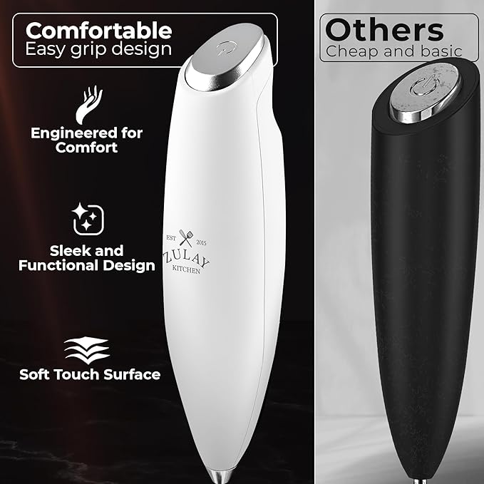Zulay Kitchen Patented Tornado Triple Whisk Milk Frother with 4 Duracell Batteries ??Handheld Foam Maker for Coffee, Lattes, Matcha & Hot Chocolate ??Rich, Creamy Froth in Seconds