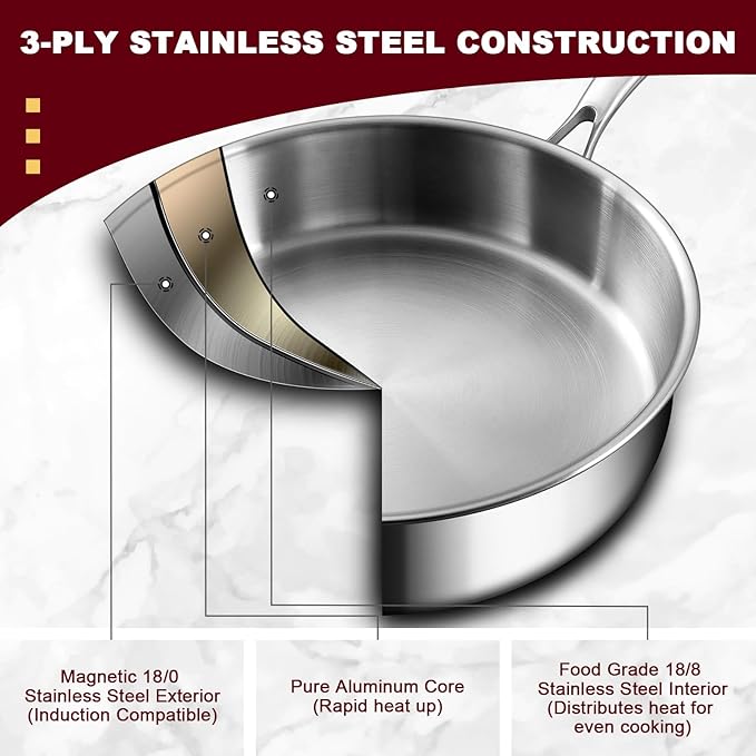 EWFEN 12 Inch Tri-Ply Stainless Steel Frying Pan, 5 Quart Deep Saute Pan, Compatible with All Cooktops Up to 600?? Induction Skillet, Dishwasher and Oven Safe, Fast & Even Heat