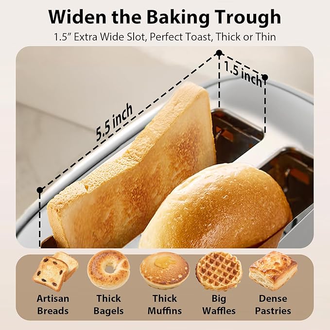 2 Slice Toaster - 1.5" Extra Wide Slots, Stainless Steel, High Lift, 6 Browning, White