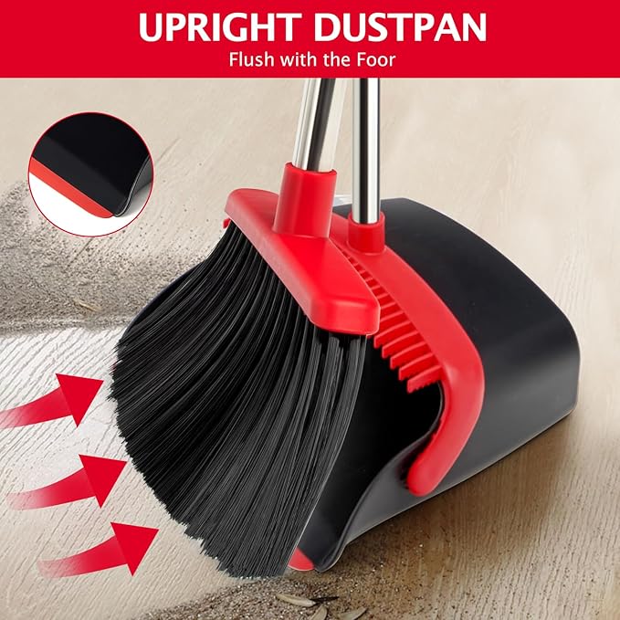 Broom and Dustpan Set with Long Handle, Heavy Dust Broom and Dustpan Combo for Home，Kitchen, Office, Pet Hair 2PCS (Black Red)