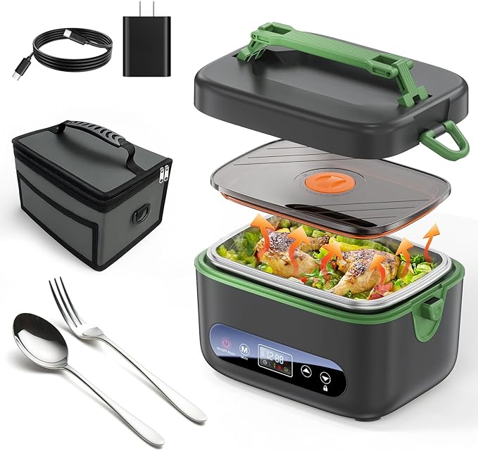 KPPTYUNM Cordless Electric Lunch Box for Adults竊?0000mAh Rechargeable Heated Lunch Box with Self Heating & 1.2L Portable Food Warmer for Work Travel Car(Gray-Green)