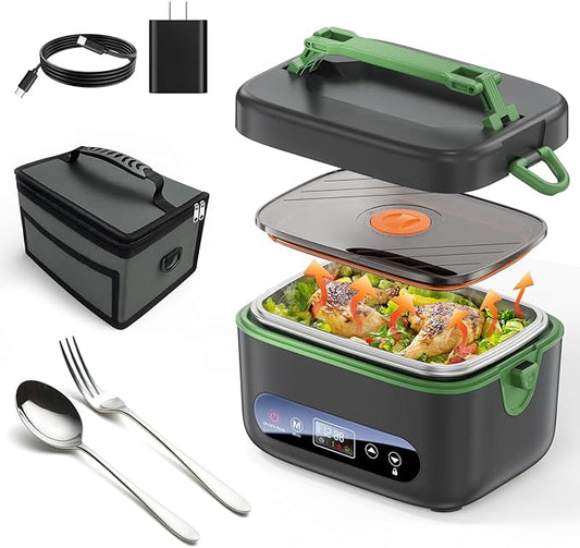 KPPTYUNM Cordless Electric Lunch Box for Adults竊?0000mAh Rechargeable Heated Lunch Box with Self Heating & 1.2L Portable Food Warmer for Work Travel Car(Gray-Green)
