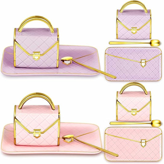 Zubebe 2 Set Coffee Mug Elegant Handbag Shaped Cup Valentine's Day Modern Ceramic Purse Mug with Spoon and Saucer, 10oz Cute Creative Tea Cup for Woman Girls Gift (Pink,Purple)