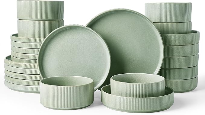 Famiware Star Dinnerware Set with Pasta Bowls, Service for 6 (24 Pieces), Ribbed Stoneware Plates and Double Bowls Sets - Chip & Scratch Resistant, Microwave & Dishwasher Safe Dishes, Matte Sage Green
