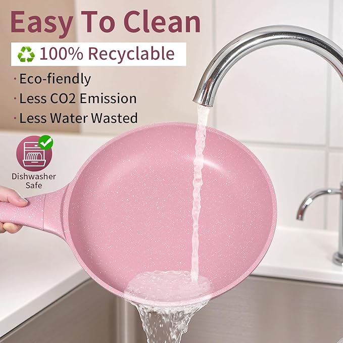 11 Inch Non Stick Frying Pans with Lid - 100% PFOA PFAS Free, Super Nonstick, All Stovetop Compatible Induction Gas Electric, Omelette & Egg Pan, Dishwasher Safe, Eco-Friendly Pink Pan