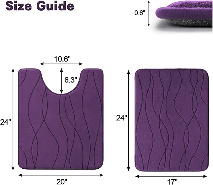YIHOUSE Memory Foam Purple Bathroom Rug Sets 2 Piece, Ultra Absorbent Bath Mat for Bathroom - Non-Slip Machine Washable & Dry Quickly, 2 Piece Bathroom Mat Set, Purple