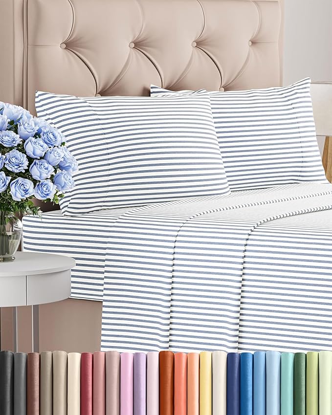 Twin 4 Piece Sheet Set - Cooling & Breathable Bed Sheets - Hotel Luxury Bed Sheets for Women, Men, Kids & Teens - Bedding w/Deep Pockets & Easy Fit - Soft & Wrinkle Free - Twin Blue Stripes Sheets