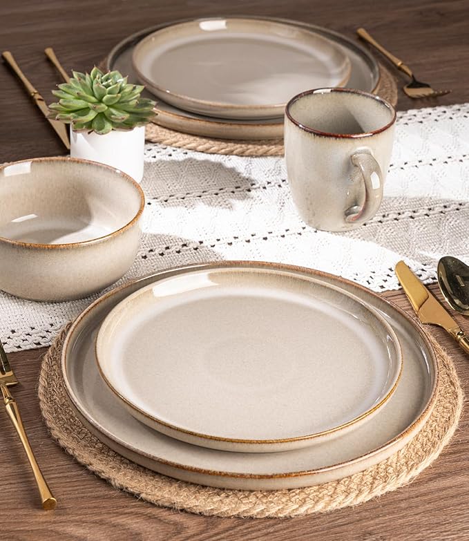 GBHOME Ceramic Dinnerware Sets for 4, 12 Pieces Stoneware Plates and Bowls Sets, Scratch Resistant Dishes, Dishwasher & Microwave Safe, Reactive Glaze-Almond Cream