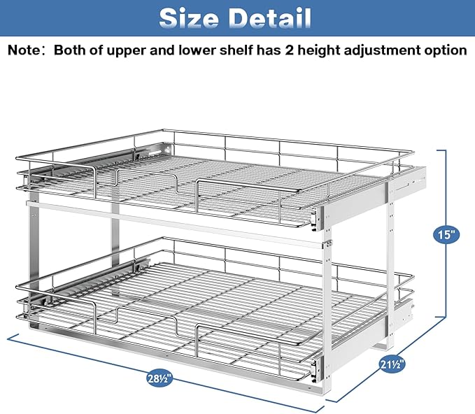 LOVMOR 2 Tier 28쩍"W x 21쩍"D, Individual Pull Organizer Kitchen Cabinet Storage Sliding Shelves