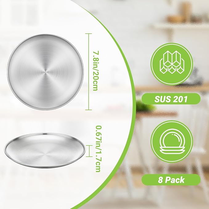 8 Stainless Steel Plates, 7.8 inch Small 201 Metal Camping Plate, Reusable Food Serving Dish Snack Eating Dishes Round Shatterproof Brushed Finish Silver Dish for Dinner Oven Dishwasher Safe