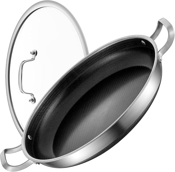 14 Inch Paella Pan with Lid, Ceramic Nonstick & Stainless Steel Induction Ready, 12-Serving Large Skillet, Oven Safe 550째F for Paella, Searing, Frying (Family Gathering & Outdoor Cooking)
