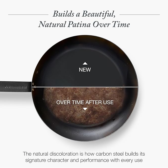 Merten & Storck Pre-Seasoned Carbon Steel 12??Frying Pan Skillet, Use on Induction, Stove and Grill, Durable, Even-Heating, for Searing, Grilling, Oven Use, and Campfire, Indoor/Outdoor