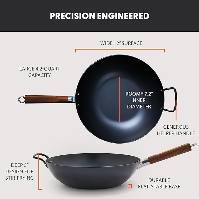 GreenPan Carbon Steel Wok 12?? Flat Bottom, Durable Stir-Fry Pan, Pre-Seasoned Nonstick Patina, High Heat Retention, Induction, Ash Wood Handle, Kyoto, Black