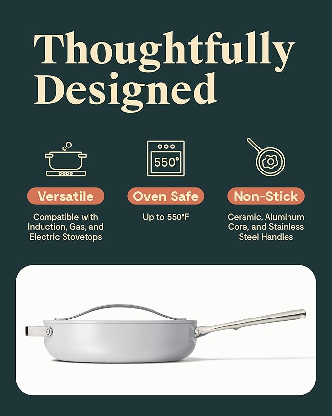 Caraway Nonstick Ceramic Saut챕 Pan with Lid (4.5 qt, 11.8") - Non Toxic, PTFE & PFOA Free - Oven Safe & Compatible with All Stovetops (Gas, Electric & Induction) - Gray