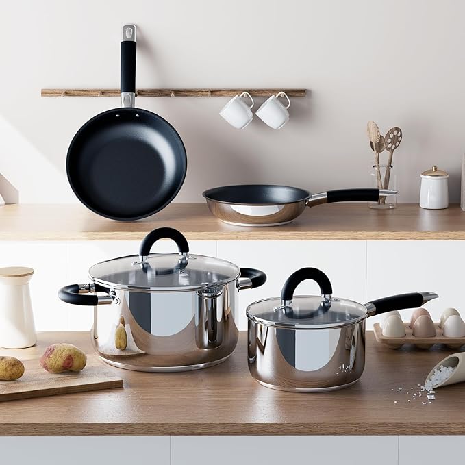 Pots and Pans Set, Stainless Steel Cookware Set of 6, Non Stick Frying Pans, 5 Ply Base Dishwasher Safe