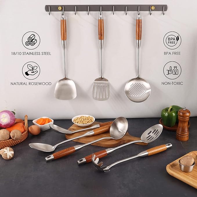18/10 Stainless Steel Kitchen Utensils Set with Wood Handle - 15?쒶etal Cooking Tools & Serving Utensil, 8-Pieces Cooking Spoons Set - Spatula, Ladle, Skimmer, Turner, Pasta, Solid Spoon, Slotted Spoon
