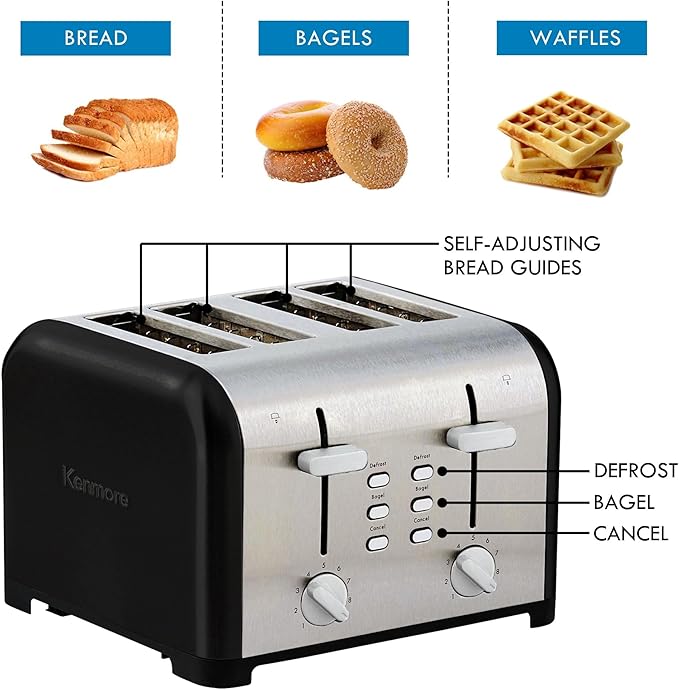 Kenmore Toaster 4 Slice - Extra Wide Slot Countertop Kitchen Appliance, Defrost Function, Grille-Pain, 9 Shade Settings, Easy Clean Crumb Tray, Bread Bagel, Stainless Steel Black