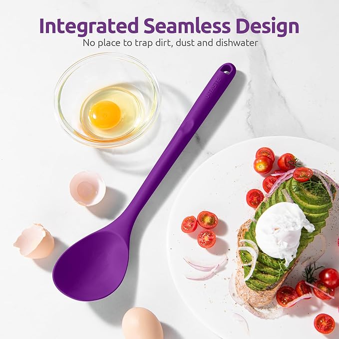 600쨘F Heat Resistant Silicone Spoon: U-Taste 13.3in Solid Kitchen Cooking Spoon, Nonstick Food Grade Large & Long Soup Rubber Utensil for Mixing, Serving, Stirring, Basting, for Pot Cookware (Purple)
